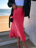Women's Summer High Waist Skirt Solid Color Long Satin Skirt for Travel, Beach, Shopping