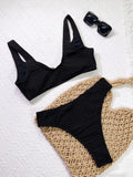 Sexy Black V Neck Bikini 2025 Women Ribbed Push Up Metal High Waist Swimsuit Summer Holiday Bathing Suit Two Piece Swimwear