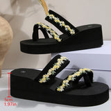 2025 Thick Bottom Clip Toe Slippers for Women Fashion Floral Fabric Wedge Sandals Woman Summer Eva Wear-Resistant Slides Female