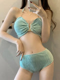 Korean Cover Up 3 Piece Bikini Set 2025 Swimwear Women Green Metal Strap Push Up Drawstring Skirt Swimsuit Beach Bathing Suits