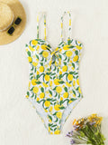 2026 New Yellow Fruit Print Bikini Suspender Backless Sexy One Piece Swimsuit High Waist Hollow Out Beach Vacation Bathing Suit