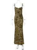 FDYOUI Sexy Elegant Chain Backless Green Floral Evening Dress for Women Sleeveless Bodycon Long Cocktail Dresses Party Club Gown
