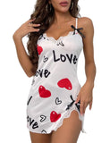 New Sexy Black Nightgown for Women Red Heart  Love Print Satin Lace Trim Mini Chemise Adjustable Spaghetti Strap Lingerie