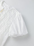 Summer Women's Ruched White Shirts Solid Color Bubble Short Sleeve Button Down Tops Casual Fashion Blouse