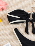 DEKA Solid BandeauU Ring Bikini High Waist Swimsuit Women Tie Side Shiny Metal Hardware Ring Bandeau Swimwear Padded Bra Top