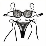 Pure black lace strap lingerie set - Sexy mature style net fabric embroidery 3/4 cup shaping bra thong set ZA825201