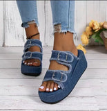 Women Denim Belt Buckle Wedge Heels Slippers Summer2026 Non Slip Thick Sole Beach Slippers Woman Fashion Buckle Platform Sandles