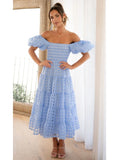Foridol Off Shoulder Summer Spring Midi Dresses Women Casual Puff Sleeve A-line Beach Vestidos Yellow Beach Party New in Dress