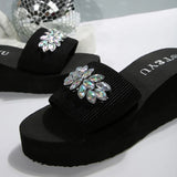 Rhinestone Decor Platform Slippers Women Summer Elastic Band Wedge Heels Sandals Woman Non Slip Lightweight Outdoor Slides 36-42