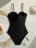 Vintage Blue Wave One Piece Swimwear Women 2026 Beading Strap Push Up Underwire Tummy Control Bathing Suit One Piece Swimsuit