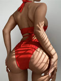 Halter Cross Bandage High Cut Bikini Female Swimsuit Women Swimwear Two-pieces Bikini Set Hollow Out Bather Bathing Suit Swim