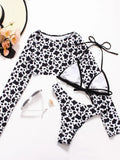 Leopard Printed Long Sleeve Beach Cover-up Bikini Women Swimwear Female Swimsuit Three-pieces Bikini Set Micro Bathing Suit Swim