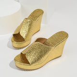 Fashion Wedge Heeled Gold Sandals Women 2026 Summer Peep Toe Chunky Platform Slippers Woman Plus Size 43 High Heel Party Sandles
