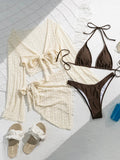DEKA Women Solid 4 Piece Lace Up Bikinis Set Swimsuit Long Sleeve Cover Up with Skirt Swimwear New Push Up Bathing Suit Bikini