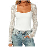 Women'S Sexy Lace Patchwork Square Collar Long Sleeve T-Shirt Elegant Sheer Mesh Slim Fit Cropped Top Spring/Fall 2026 Basic Top