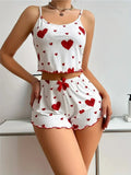 Summer Sleepwear Women Heart Print Relaxed Fit Pajama Set Round Neck Backless Crop Cami Top and Shorts Set Loungewear