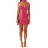 Women's Summer Sequined Flower Embroidery Beaded Bodycon Mini Dress Sleeveless Spaghetti Strap V Neck Night Out Dress with Scarf