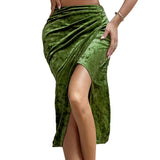 Elegant Split Velvet Skirt Commute Green A-line Mid-Calf Skirt for Lady Women's Autumn Winter Outfit Night Out Streetwear