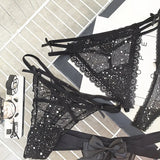 Sexy Women's Thong Erotic Cross Hollow T Pants Starry Sky Shiny Sequins Black Mesh Transparent Bow Perspective Briefs Lingerie