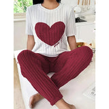 Autumn Winter Round Neck Short Sleeve Long Pants with Ribbed Stripes and Letter Heart Print Women's Pajamas Home Wear