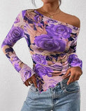 Women's Off-Shoulder Ruffled Sleeve Long-Sleeve Top with Asymmetrical Tie-Dye Mesh Asymmetrical Pleated Floral Print T-Shirt