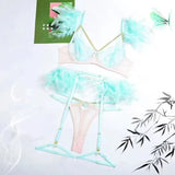 Toucheart 4 Piece Set Fun Lingerie For Women Feather Lace Splicing Chain Sexy Slim Mesh See-Through Sexy Lingerie Garters Suit