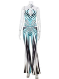 Ahagaga Fashion Printed Women Jumpsuits Halter Bandage Hollow Out Striped Skinny Flare Pants Sexy Streetwear Rompers Female