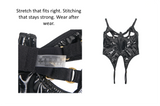 Black PU Leather Mesh Bodysuit for Women Hollow Out Open Crotch Teddy Lingerie Push Up One Piece Jumpsuit Underwear as Outerwear