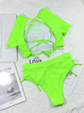 2026 New Sexy Two Piece Swimsuit Swimwear Women Fluorescent Green Hollow Straps High Waist Bathing Suit Beachwear Short Sleeve