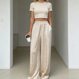 Elegant Solid Color Women's Satin Wide Leg Pants Lace Trim High Waist Loose Fit Trousers For Daily Vacation
