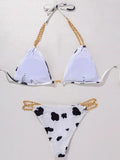 Sexy Cow Print Halter Metal Chains Brazilian Bikini Women Swimsuit Female Swimwear Two Pieces Bikini Set Bathing Suit Swim Lady