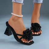 Pink Flower Thick Heeled Sandals Women Elegant Square Toe Party Wedding High Heel Shoes Woman Plus Size 43 Summer Sandalias