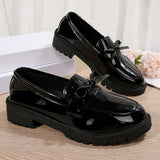 Patent Leather Med Heels Loafers Women Spring Plus Size 43 Bowknot Slip On Flats Woman British Style Student Pu Leather Shoes