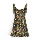 French Style Vintage Lemon Leaf Printed Green Dress Sexy Slip Midi Sleeveless Tank Dress Chiffon Women Holiday Elegant Dress