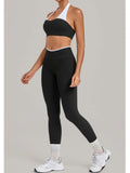 2 Pieces Color-block Yoga Sets Women  Hanging Neck Sports Bra High Waist Pants Built-in Pockets Outdoor Fitness Workout Suit