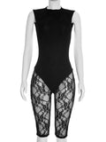 FDYOUI Women's Backless Sleeveless Bodysuits 2026 Summer Sexy Buttons Hollow Out Lace Jumpsuits Night Club Overalls Black Red