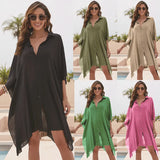 Solid Color Women Cover-ups Cotton Shirt Swimsuit Loose Fitting Robe Beach Vacation Single-breasted Sunscreen Clothing 2026 New