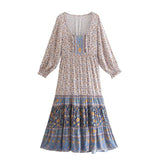 Floral Print Boho Long Dresses with Sleeves Vestidos Para Mujer Ruffles Sash Beach Casual New in Dress Loose Retro Sundress