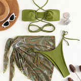 Sexy Green Bikini Sets Three Pieces Swimsuit With Mesh Skirt Bikinis Swimsuit Swimwear High Waist Bathing Suit Beachwear Biquini