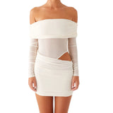 Women Mini Off Shoulder Slim Ruched Solid Color Party Club Dresses Cut Out Long Sleeve Backless Short Mesh Bodycon Dress