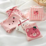 1-Pack Kawaii Bear Print Cotton Panties Women's Breathable Underwear Peach Blush Gingham Ruffled Briefs Low Rise Ladies Lingerie