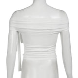 Korean Style Solid Color Women's Top Casual Slash neck Crop Top Fahionable Slim Fit White Tee Lady Summer Night Out Dress up
