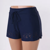 Women Swimming Shorts Solid High Waist Elastic Swim Bottom Flower Hollow Out Swim Trunk Loose Fit Swimming Workout Gym Bottom