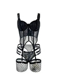 Sexy Shinestone Underwire Padded Bodysuits With Garter Belt Fishnet Transparent Backless Deep V Sleeveless Bodysuits Charm 0ZYL