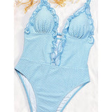 Deep V Neck Frilled Ruffled Halter Women Swimwear Monokini High Leg Cut Bather Bathing Suit Swim One Piece Swimsuit Female K8055