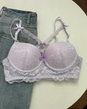 Japanese Lace Bra Set, Heart Pendant Purple Lingerie Sexy & Pure Small Chest Push Up Bralette, Fashion Outerwear Design Enhancer