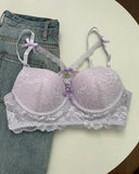 MOYISU Kawaii Heart Bra Set, Purple Lace Lingerie Sexy Pure Design, Push Up Bralette Sml Boobs Fashion Outerwear Statement Piece