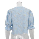 FFDYOUI Woman Clothing Embroidered Shirts Blue High Green Ladies O-neck Single Breasted Half Sleeve Cropped Tops Fashion Shirt