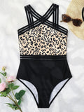 Mesh Tape Swimsuit One Piece Sexy Leopard 2026 Swimwear Women Cross High Neck Bathing Suit Female Swimming Summer Beachwear