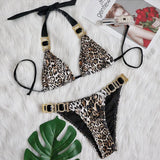 Sexy Leopard Halter Rhinestone Diamond Bikini Women Swimsuit Female Swimwear Two Pieces Bikini Set Ribbed Bathing Suit Swim Lady